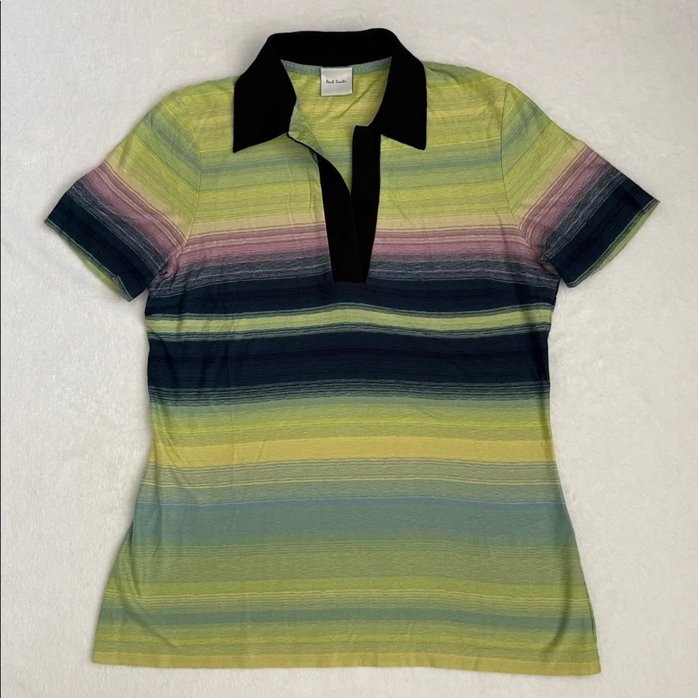 Paul Smith | V-Neck Contrast Collar Striped Cotton T-Shirt Made in Italy (M) - Picture 15 of 15